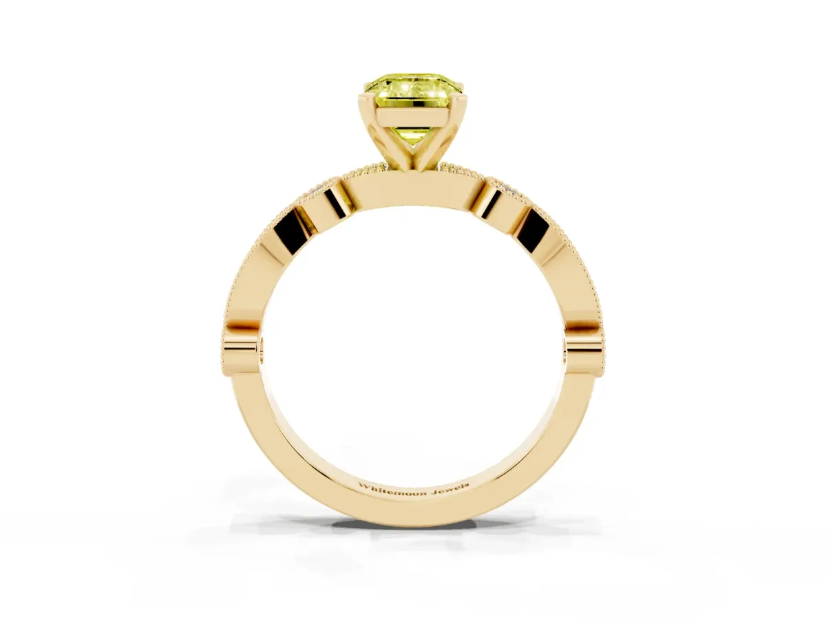 Fancy Yellow Emerald Cut Milgrain Bezel Diamond Engagement Ring with Solitaire Prong Setting Yellow gold