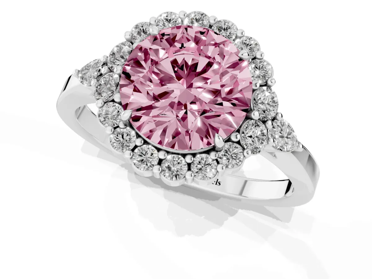 Fancy Pink Round Cut Diamond Halo Ring with Pear Side Stones and Prong Setting Silver