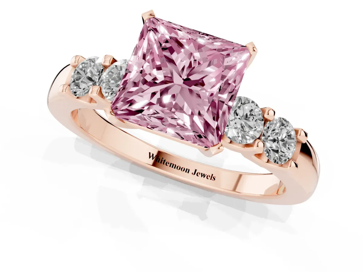 Fancy Pink Princess Cut Brilliant Cut Diamond Five-Stone Prong Set Engagement Ring with Channel Band Rose gold