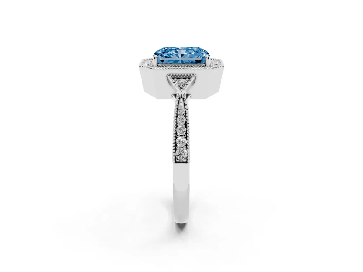 Fancy Blue Radiant Cut Halo Round Diamond Milgrain Pave Engagement Ring Platinum