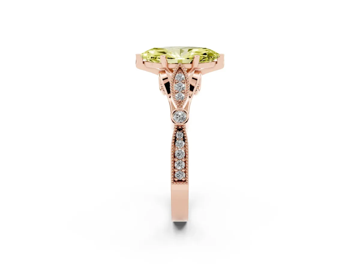 Fancy Yellow Marquise Cut Cut Diamond with Milgrain Marquise and Bezel Accents on a Solitaire Band with Prong Setting Rose gold
