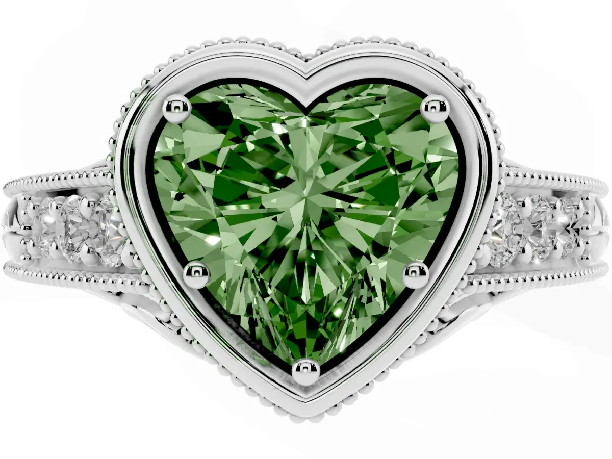 Fancy Green Bezel Set Heart Cut Diamond Milgrain Pave Engagement Ring Platinum