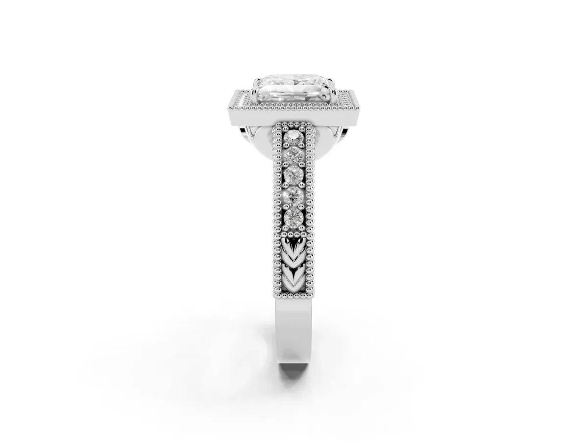 Princess Cut Cut Halo Diamond Ring with Pavé Band and Four-Prong Setting White gold