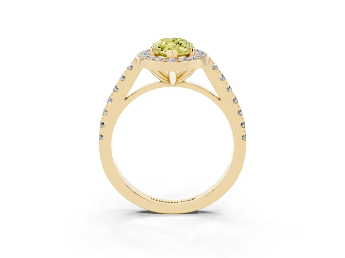 Fancy Yellow Marquise Cut Diamond Halo Ring with Round Pavé Split Shank and Prong Setting Yellow gold