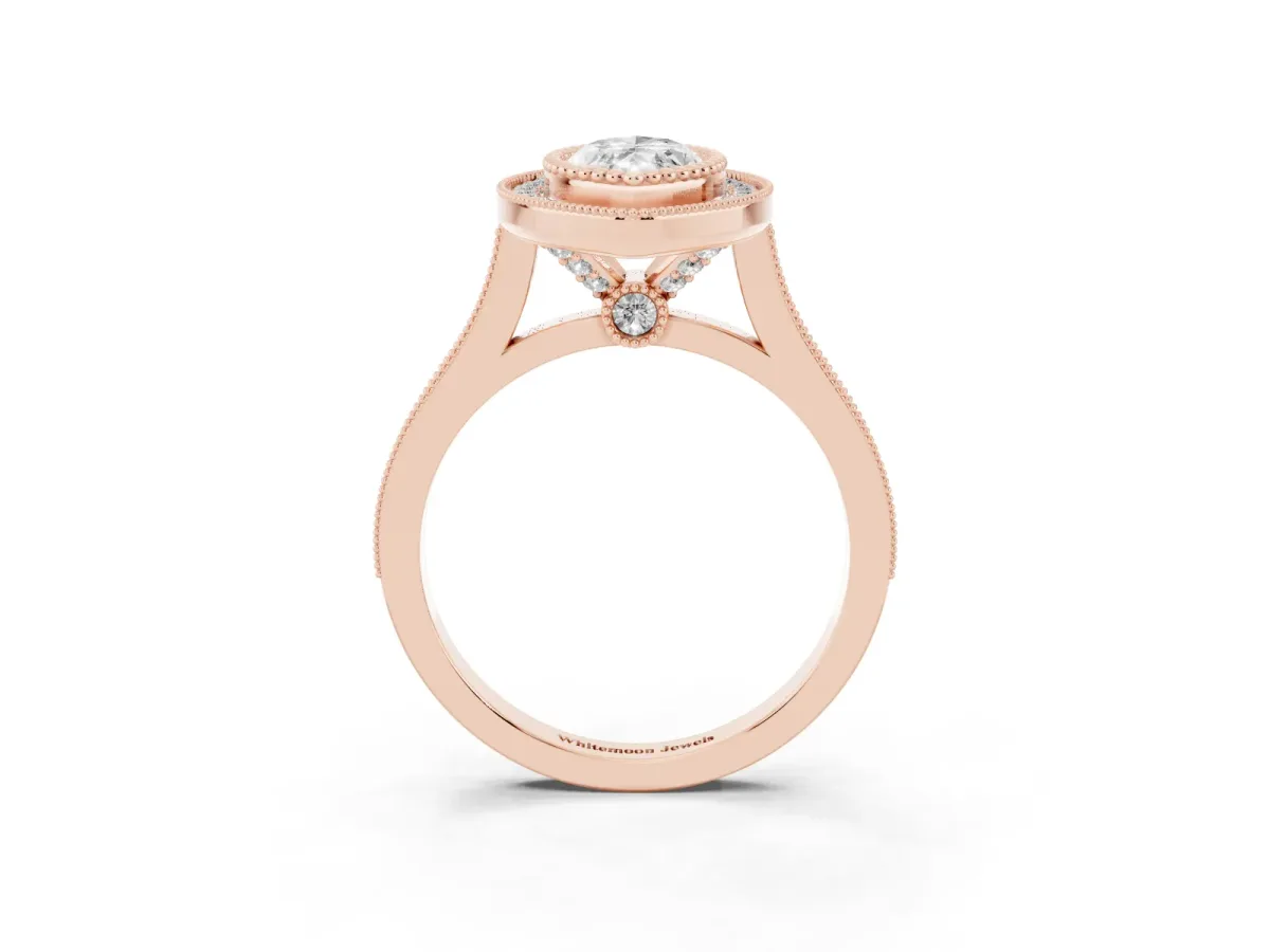 Marquise Cut Diamond Halo Ring with Milgrain Frame and Pavé Band Rose gold