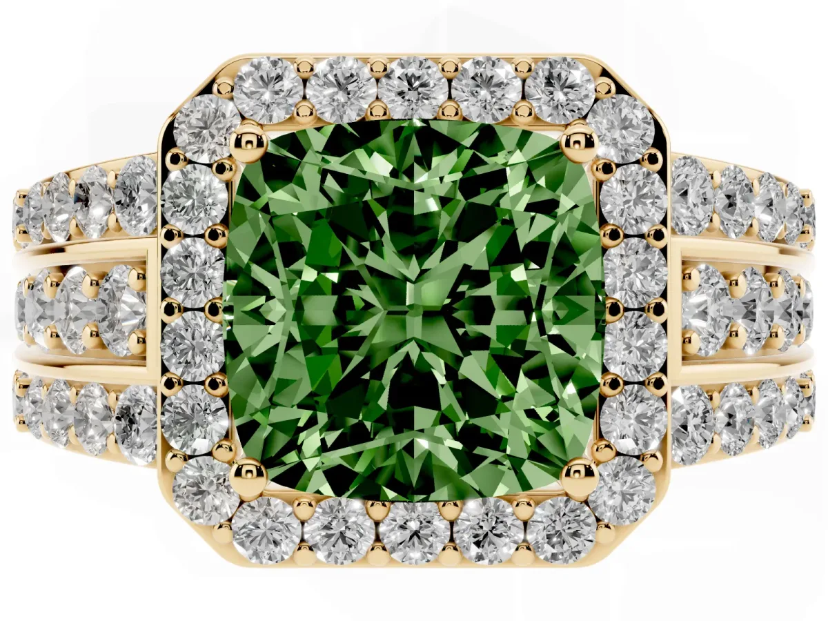 Fancy Green Cushion Cut Halo Diamond Ring with Round Split Shank and Prong Setting Yellow gold