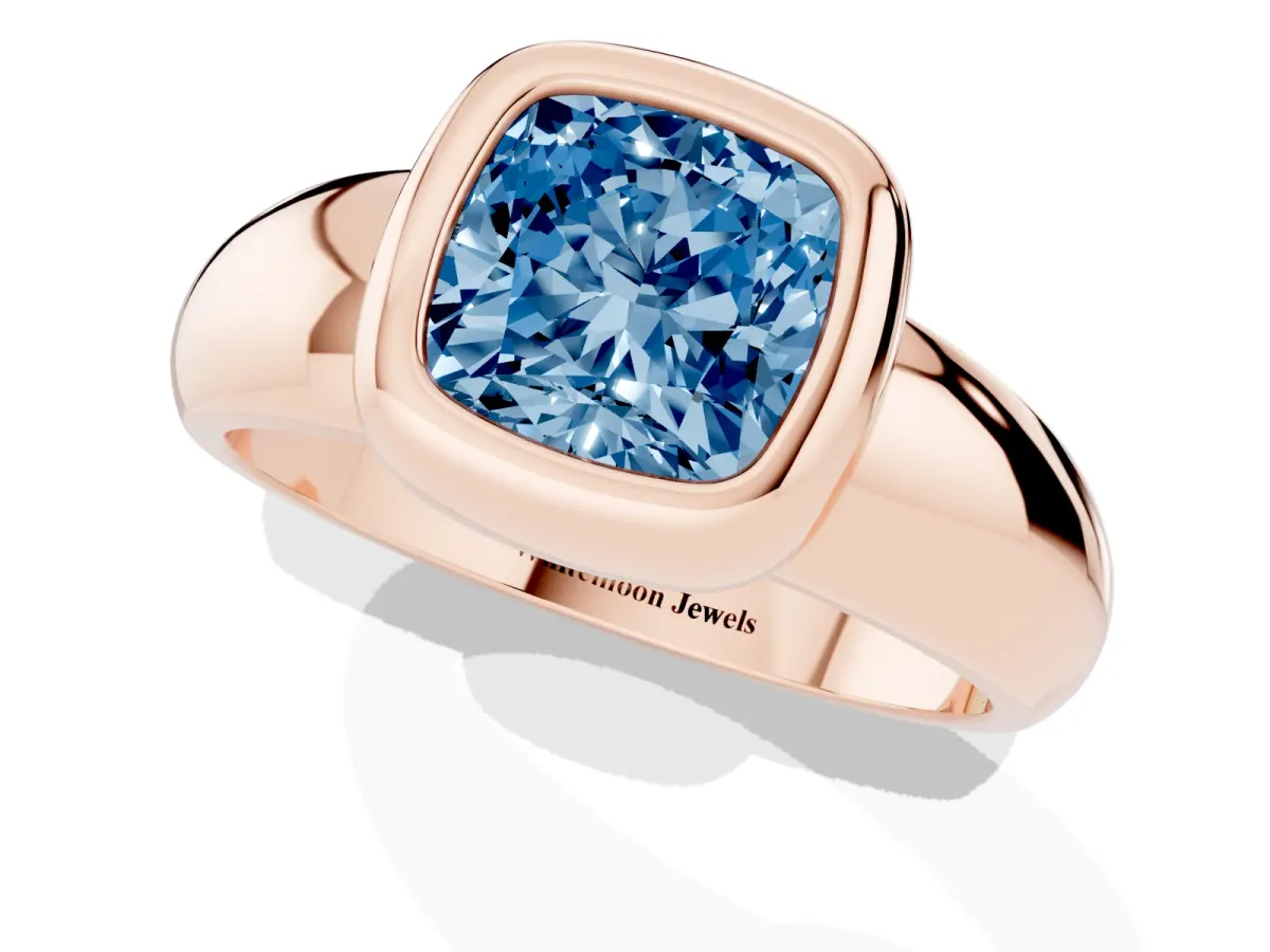 Fancy Blue Bezel Set Cushion Cut Solitaire Ring with Wide Band Rose gold