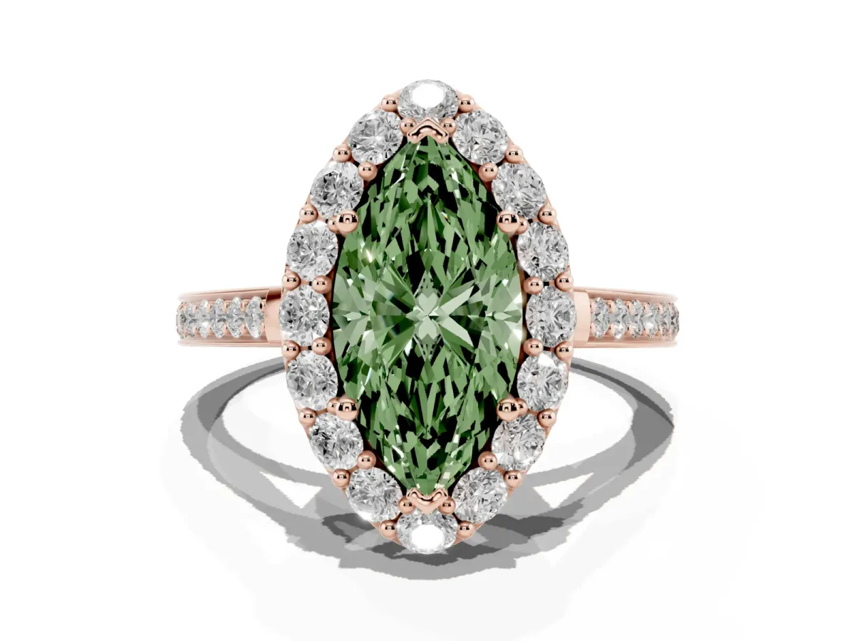 Fancy Green Marquise Cut Diamond Floral Halo Ring with Pavé Band and Prong Setting Rose gold