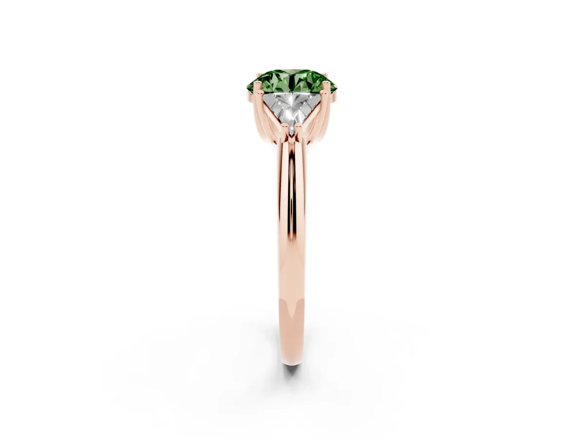 Fancy Green Three-Stone Round Cut Diamond Engagement Ring with Trillion Side Stones and Prong Setting Rose gold