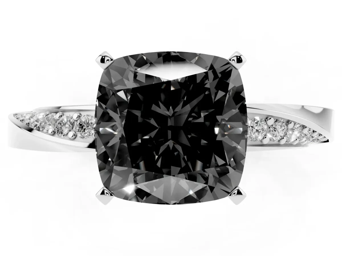 Fancy Black Cushion Cut Diamond Engagement Ring with Side Stone Accents and Four-Prong Setting Platinum