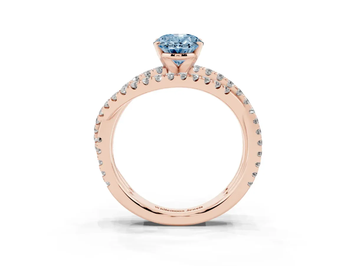 Fancy Blue Oval Cut Solitaire Twist Band with Pavé Setting and Four-Prong Setting Rose gold