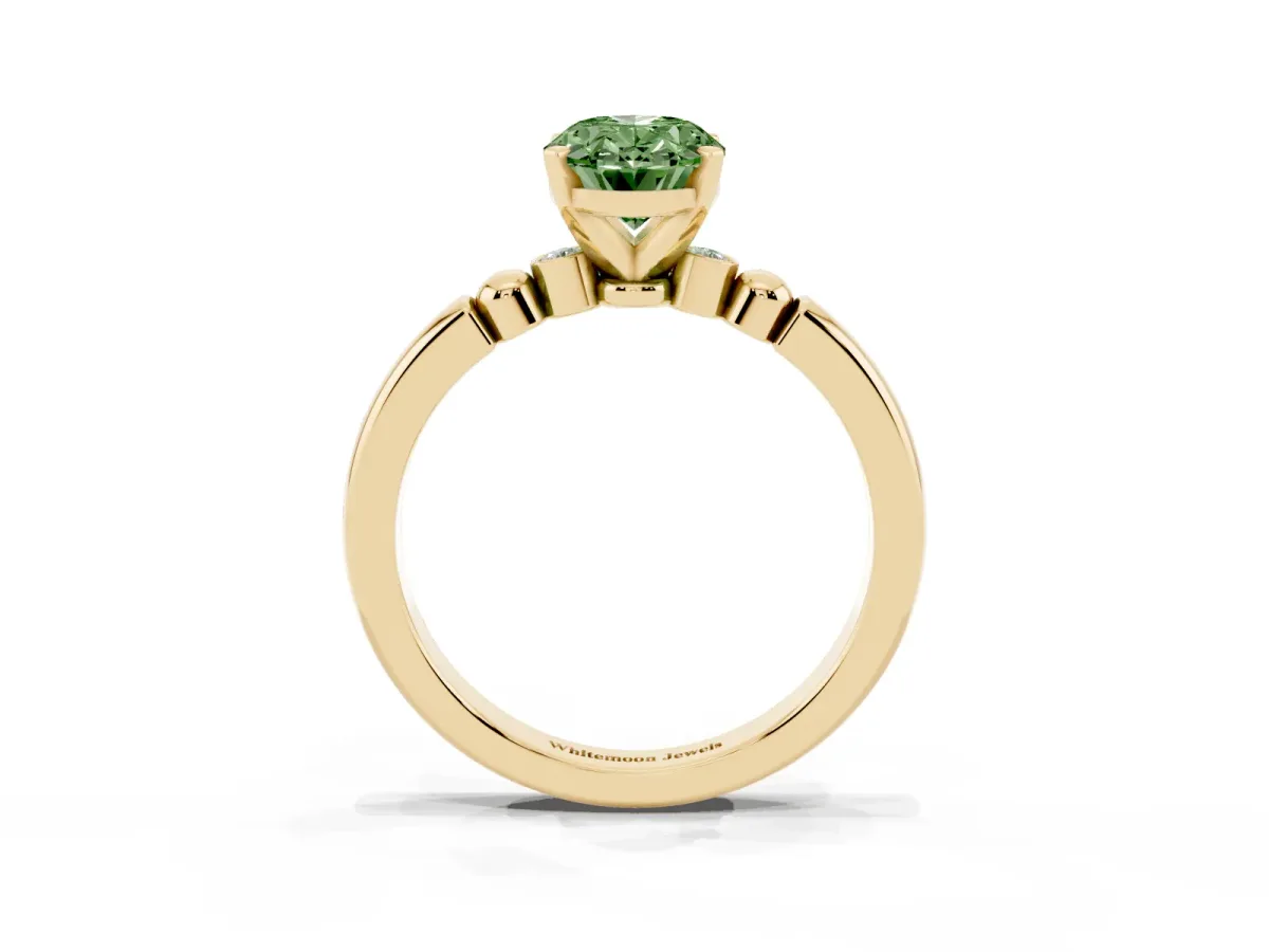 Fancy Green Oval Cut Solitaire Beaded Band with Four-Prong Setting Yellow gold