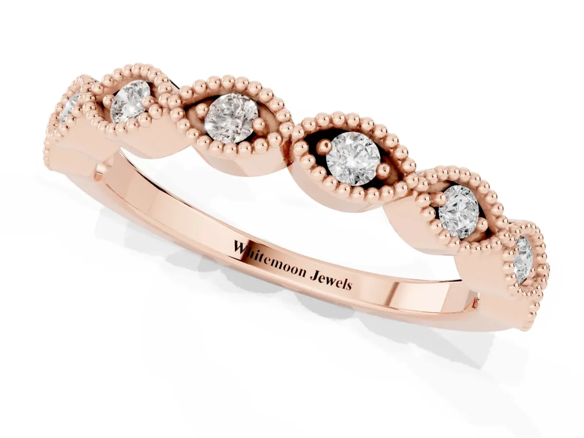 Milgrain Marquise Diamond Half Eternity Band with Bezel Setting Rose gold