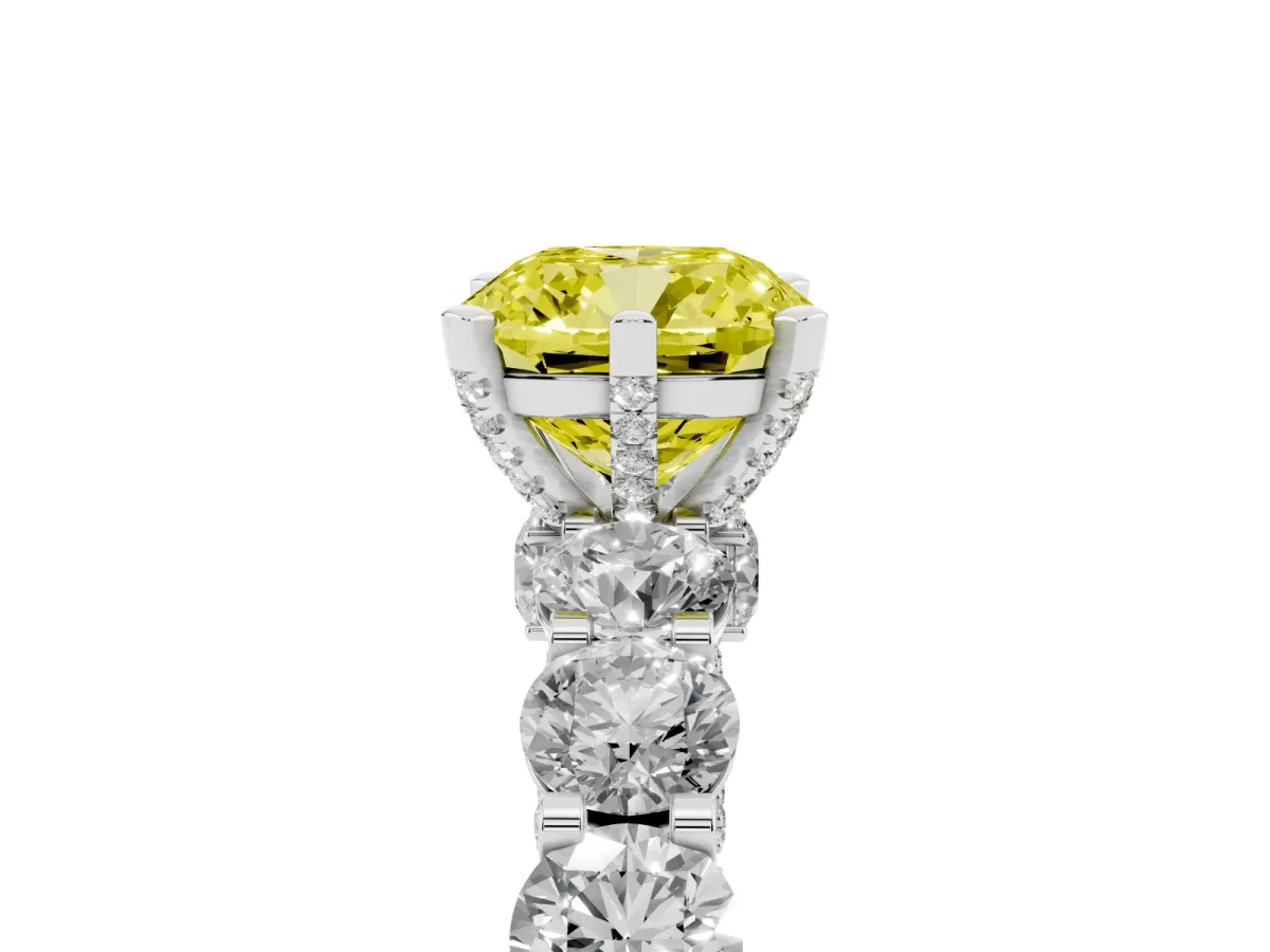 Fancy Yellow Cushion Cut Diamond Side Stone Engagement Ring with Four-Prong Setting White gold