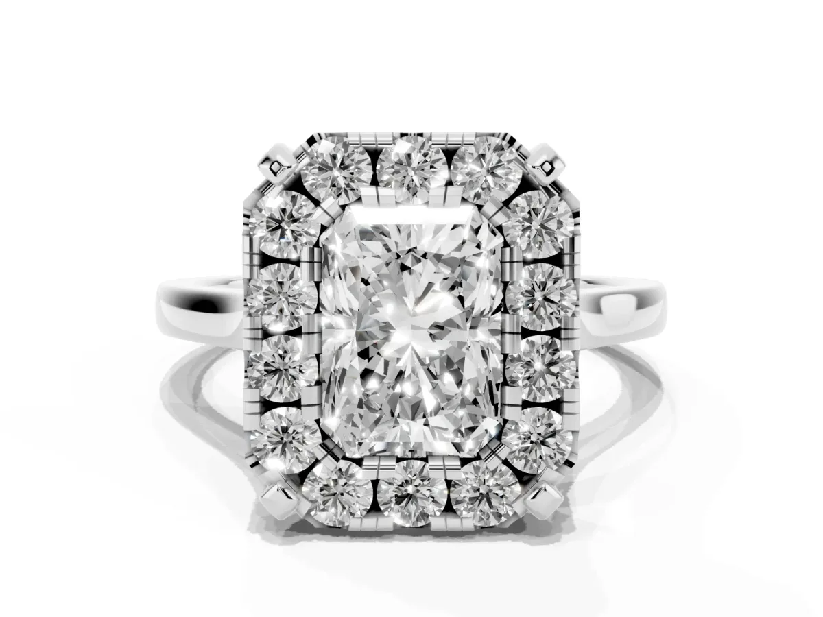 Radiant Cut Diamond Cluster Halo Solitaire with Four-Prong Setting Platinum