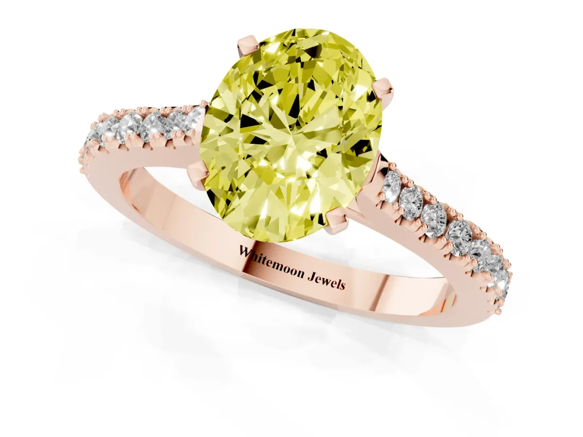 Fancy Yellow Oval Cut Cut Solitaire Diamond Engagement Ring with Pave Band and Four-Prong Setting Rose gold