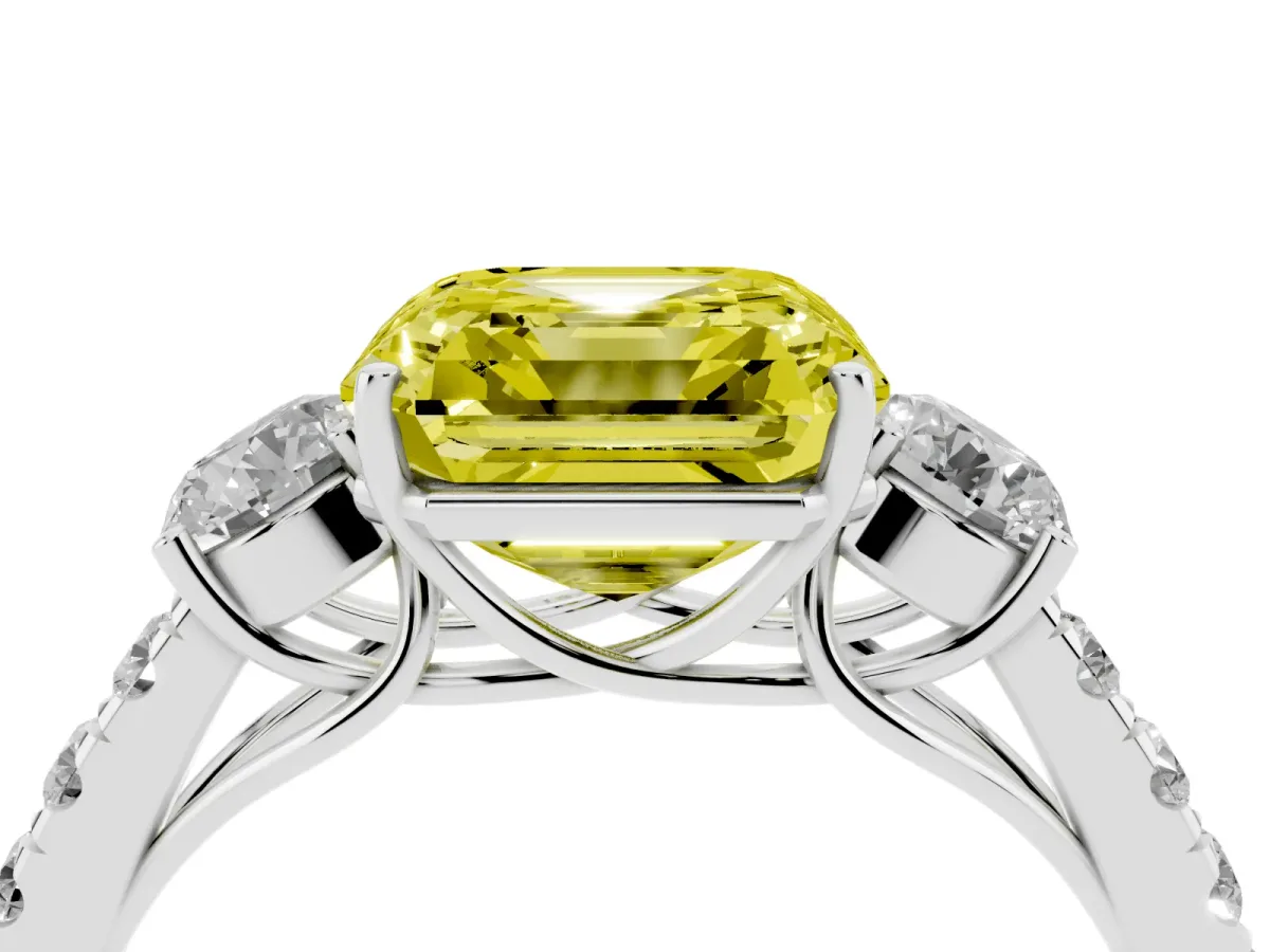 Fancy Yellow Asscher Cut Cut Diamond Three-Stone Ring with Round Side Stones and Pavé Band Silver