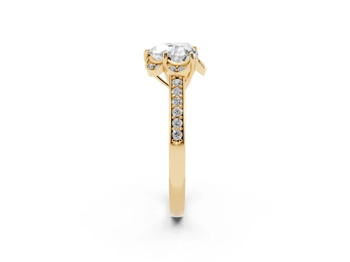 Heart Cut Cut Halo Diamond Ring with Channel Set Band and Four-Prong Setting Yellow gold
