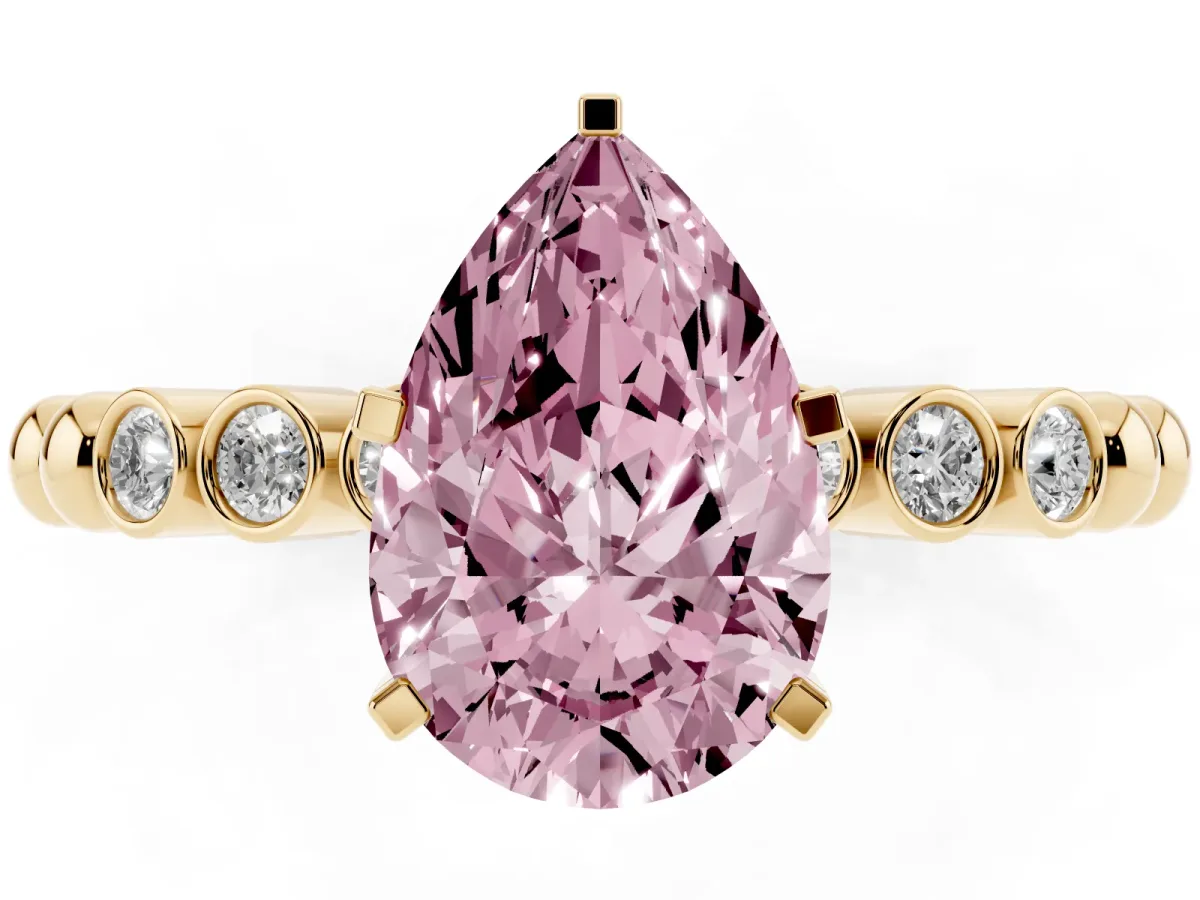 Fancy Pink Pear Cut Solitaire Bezel Accent Diamond Engagement Ring with Beaded Band and Four-Prong Setting Yellow gold