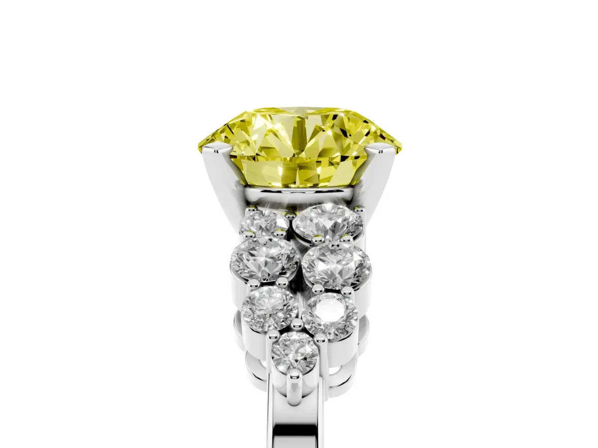 Fancy Yellow Round Cut Cluster Diamond Engagement Ring with Pavé Band and Four-Prong Setting White gold