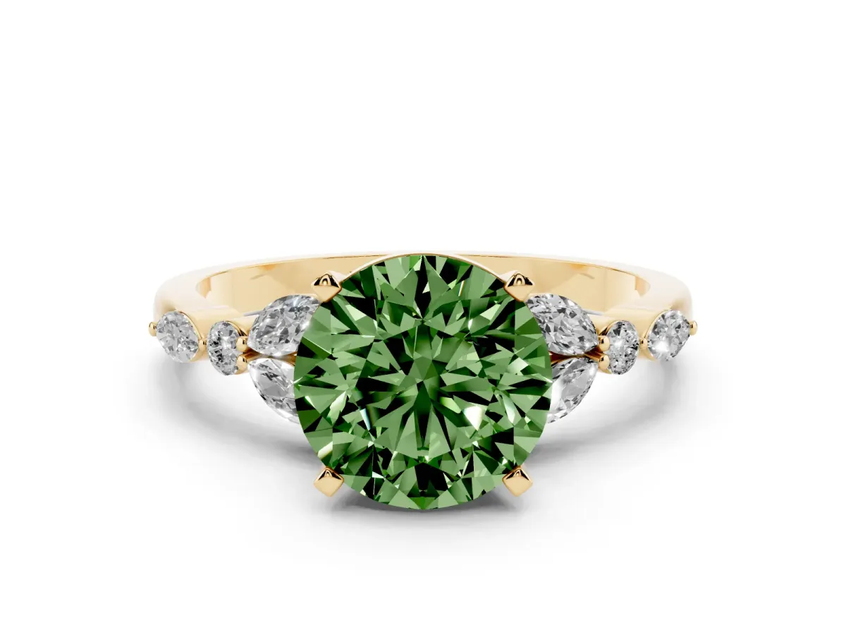 Fancy Green Round Cut Diamond Solitaire Ring with Side Stones and Four-Prong Setting Yellow gold