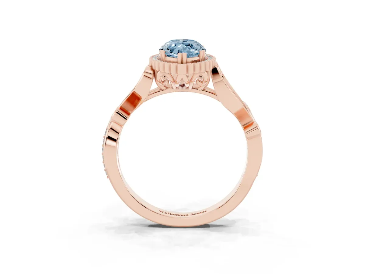 Fancy Blue Marquise Cut Diamond Halo Ring with Vintage Split Shank and Four-Prong Setting Rose gold