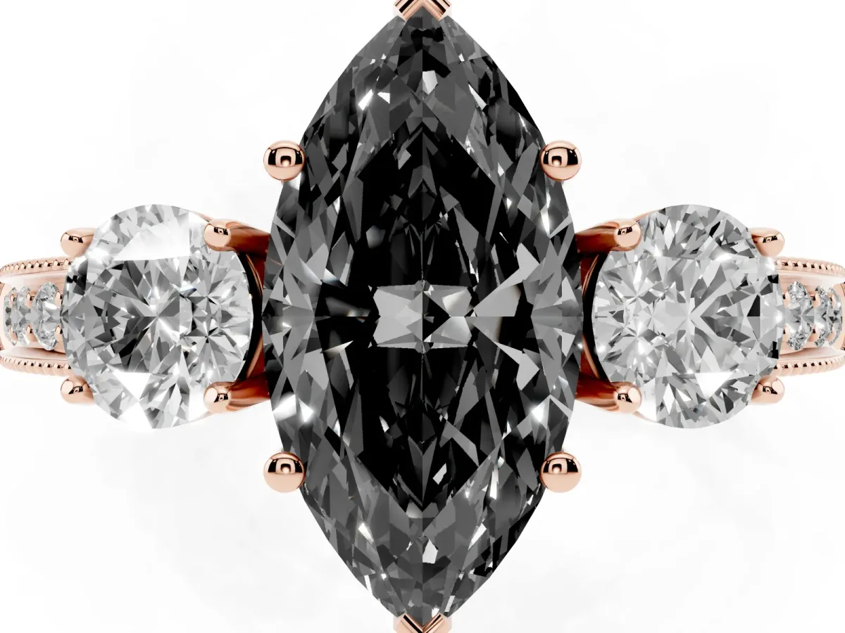Fancy Black Marquise Cut Three-Stone Diamond Ring with Pavé Band and Four-Prong Setting Rose gold