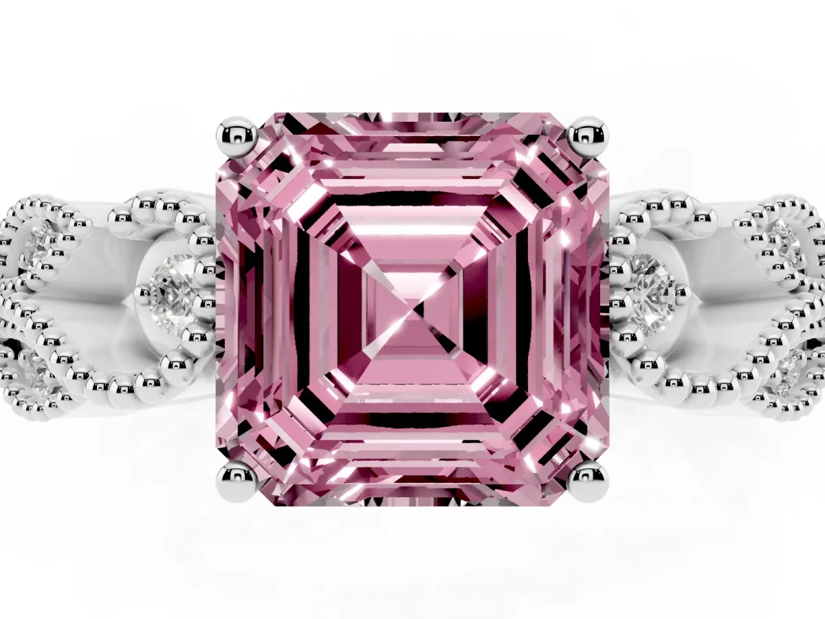 Fancy Pink Asscher Cut Solitaire Milgrain Leaf Band with Prong Setting White gold