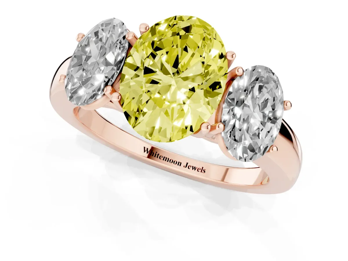 Fancy Yellow Oval Cut Diamond Three-Stone Ring with Four-Prong Setting and Classic Band Rose gold