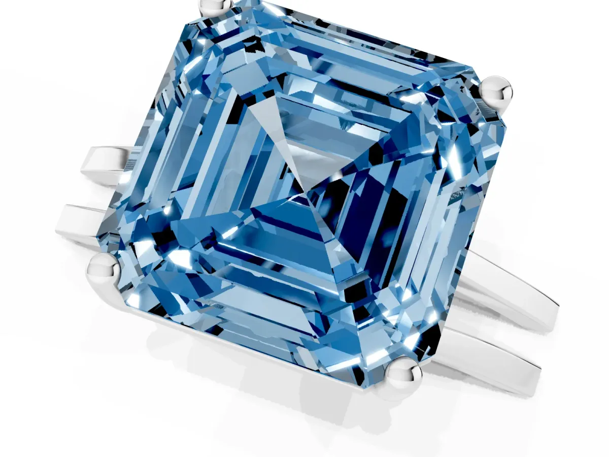 Fancy Blue Asscher Cut Cut Diamond Solitaire Engagement Ring with Tapered Plain Band and Four-Prong Setting Silver