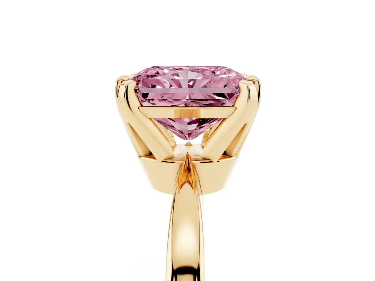 Fancy Pink Radiant Cut Solitaire Engagement Ring with Six-Prong Setting and Tapered Band Yellow gold