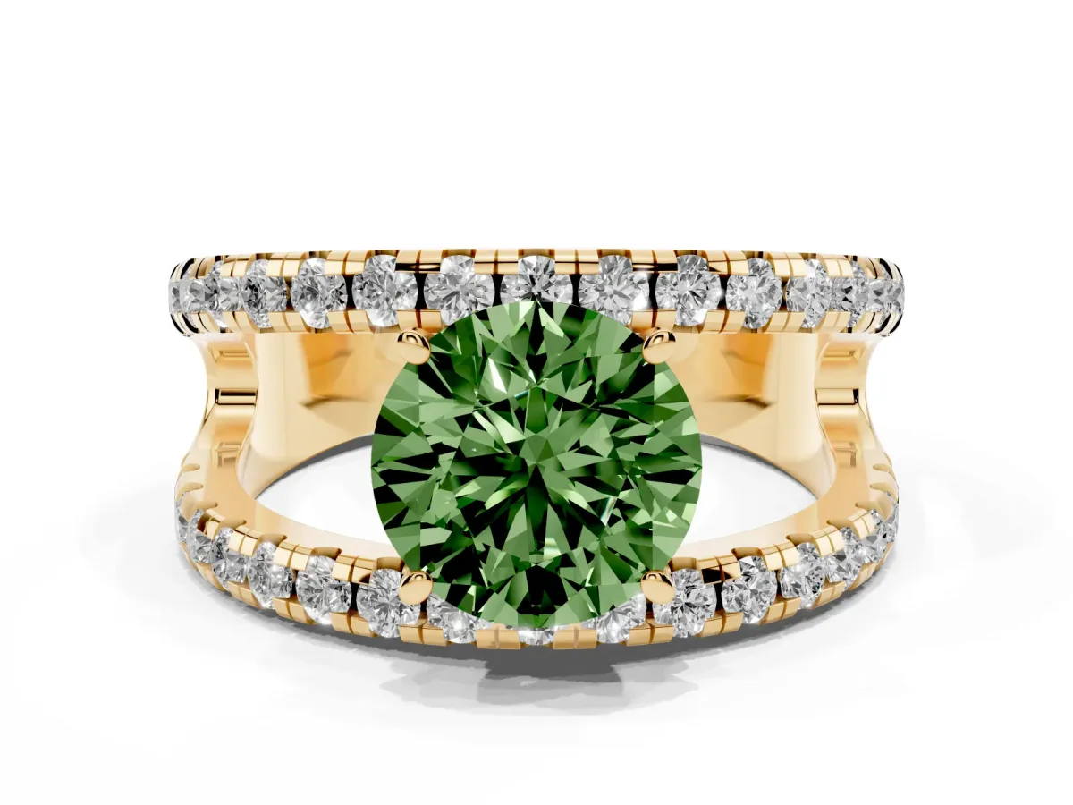 Fancy Green Round Cut Solitaire Split Shank Pave Diamond Ring Yellow gold