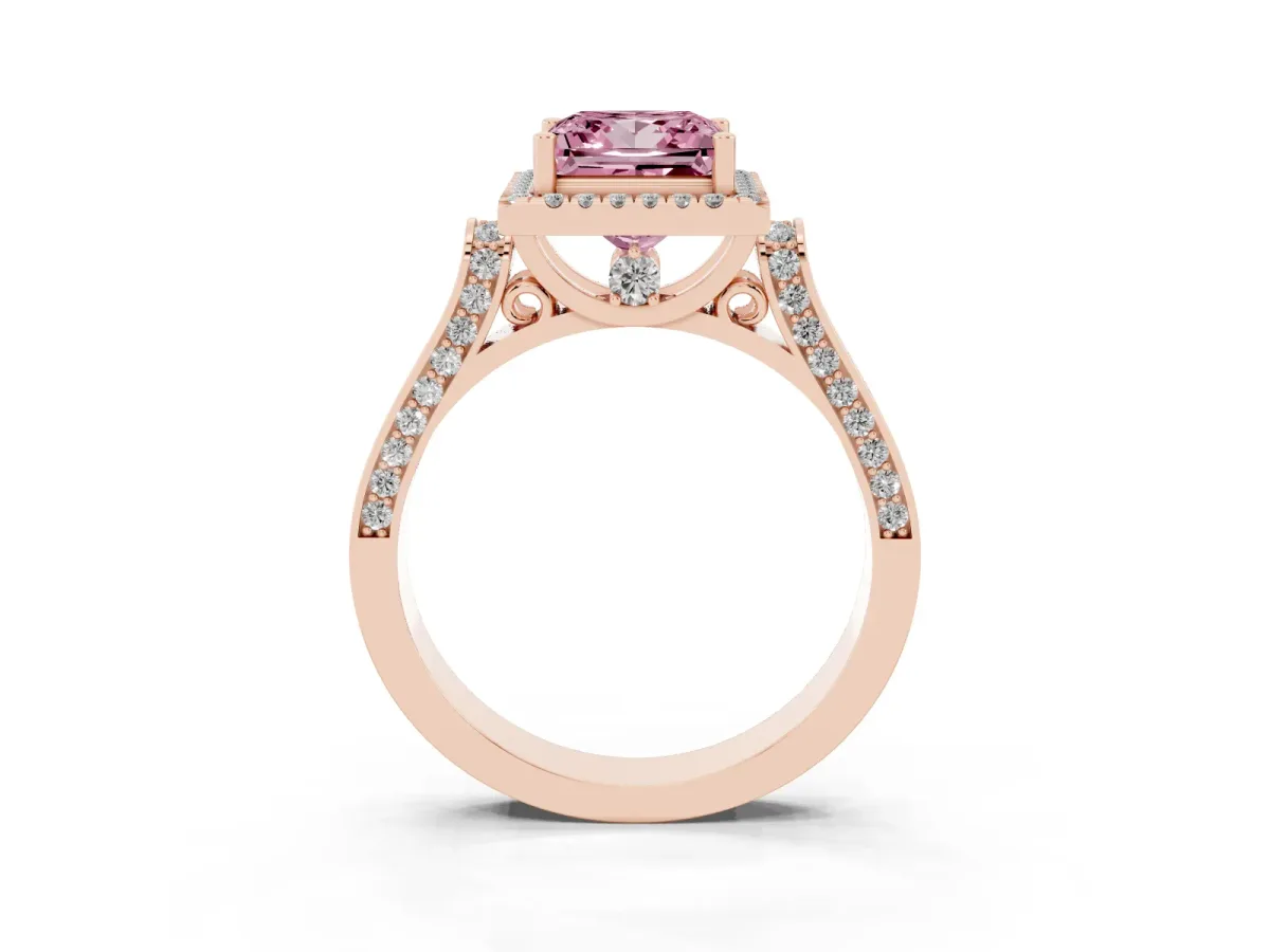 Fancy Pink Princess Cut Halo Round Diamond Twist Band with Four-Prong Setting Rose gold