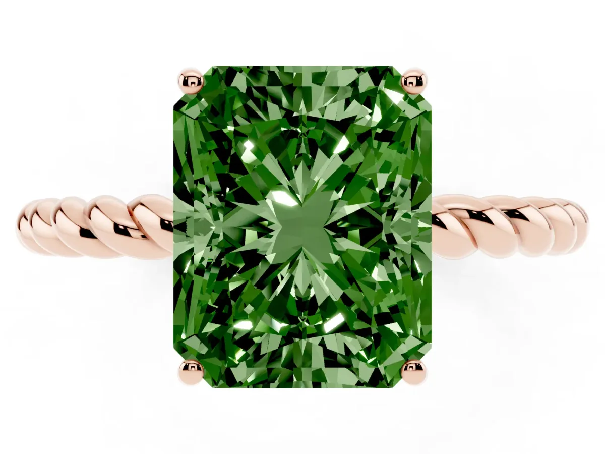 Fancy Green Radiant Cut Solitaire Twist Band Ring with Four-Prong Setting Rose gold