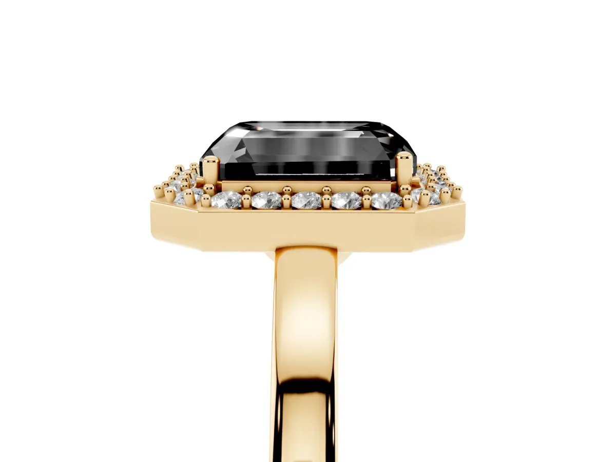 Fancy Black Radiant Cut Halo Diamond Ring with Solitaire Band and Prong Setting Yellow gold