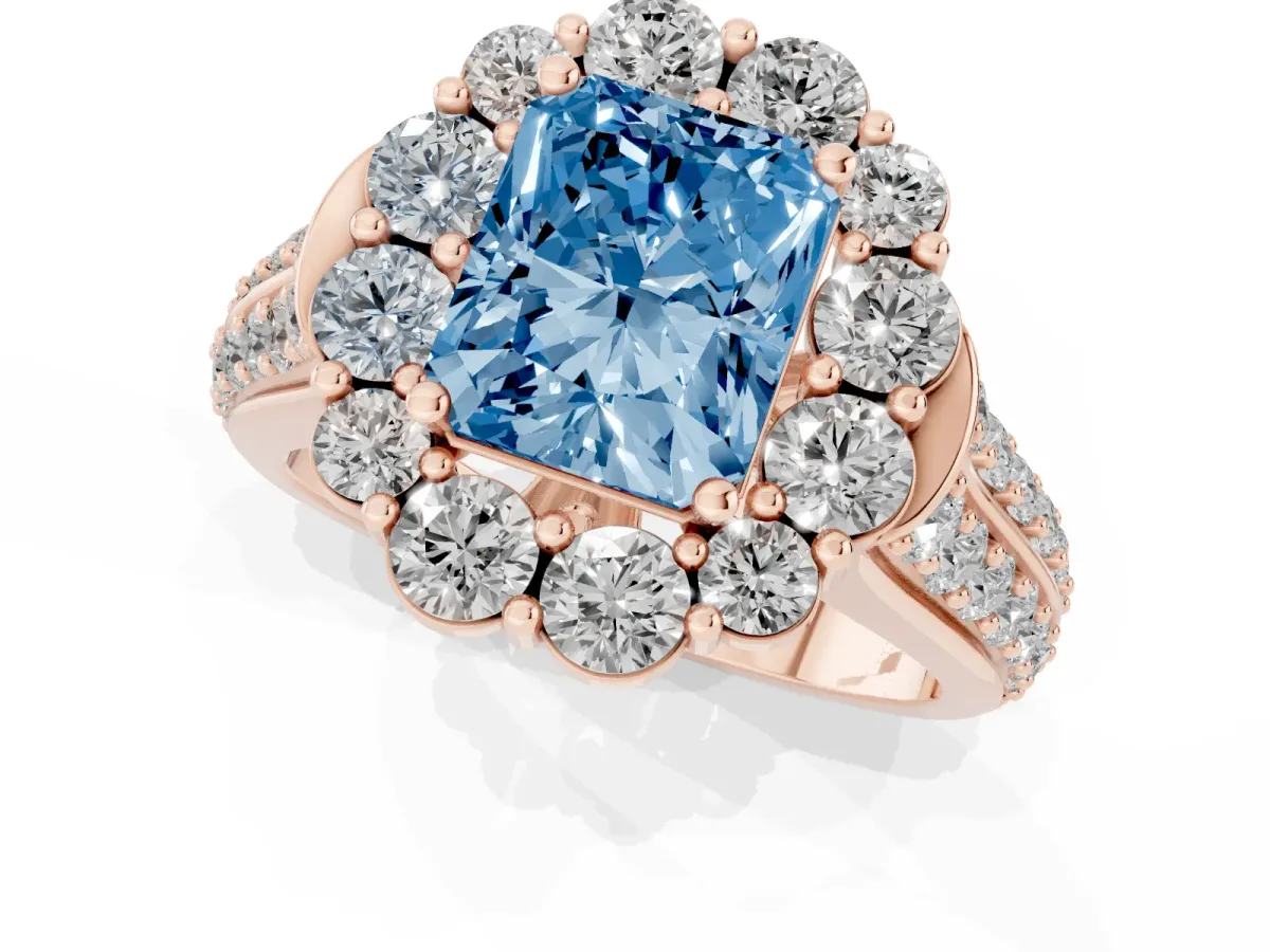 Fancy Blue Radiant Cut Halo Diamond Engagement Ring with Split Shank and Prong Setting Rose gold