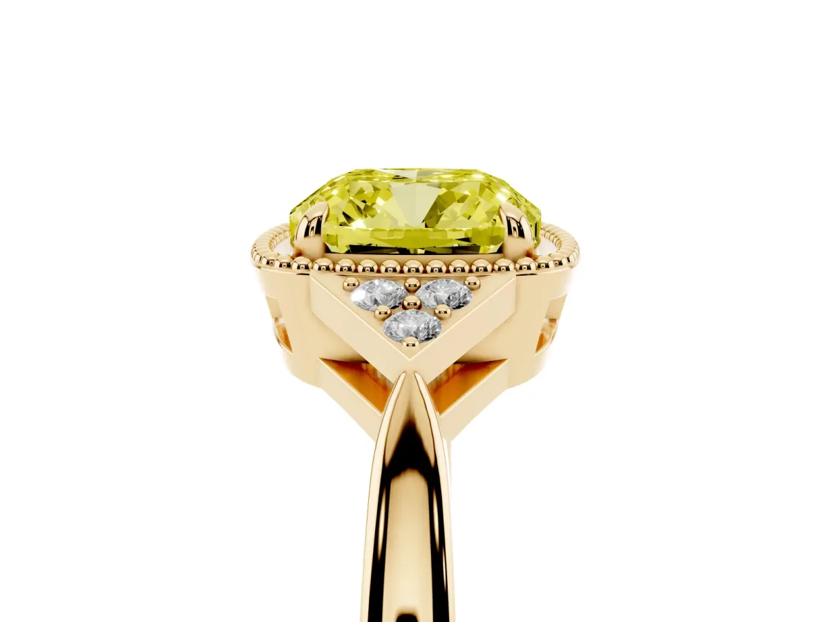 Fancy Yellow Hexagonal Halo Cushion Cut Diamond Solitaire with Pavé Band and Four-Prong Setting Yellow gold