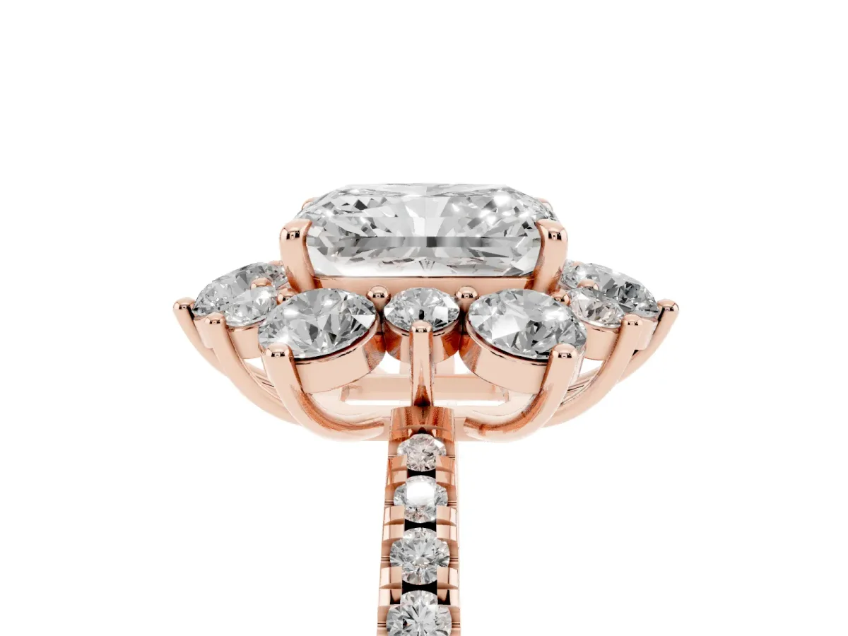 Radiant Cut Diamond Floral Halo Ring with Round Pavé Band and Prong Setting Rose gold