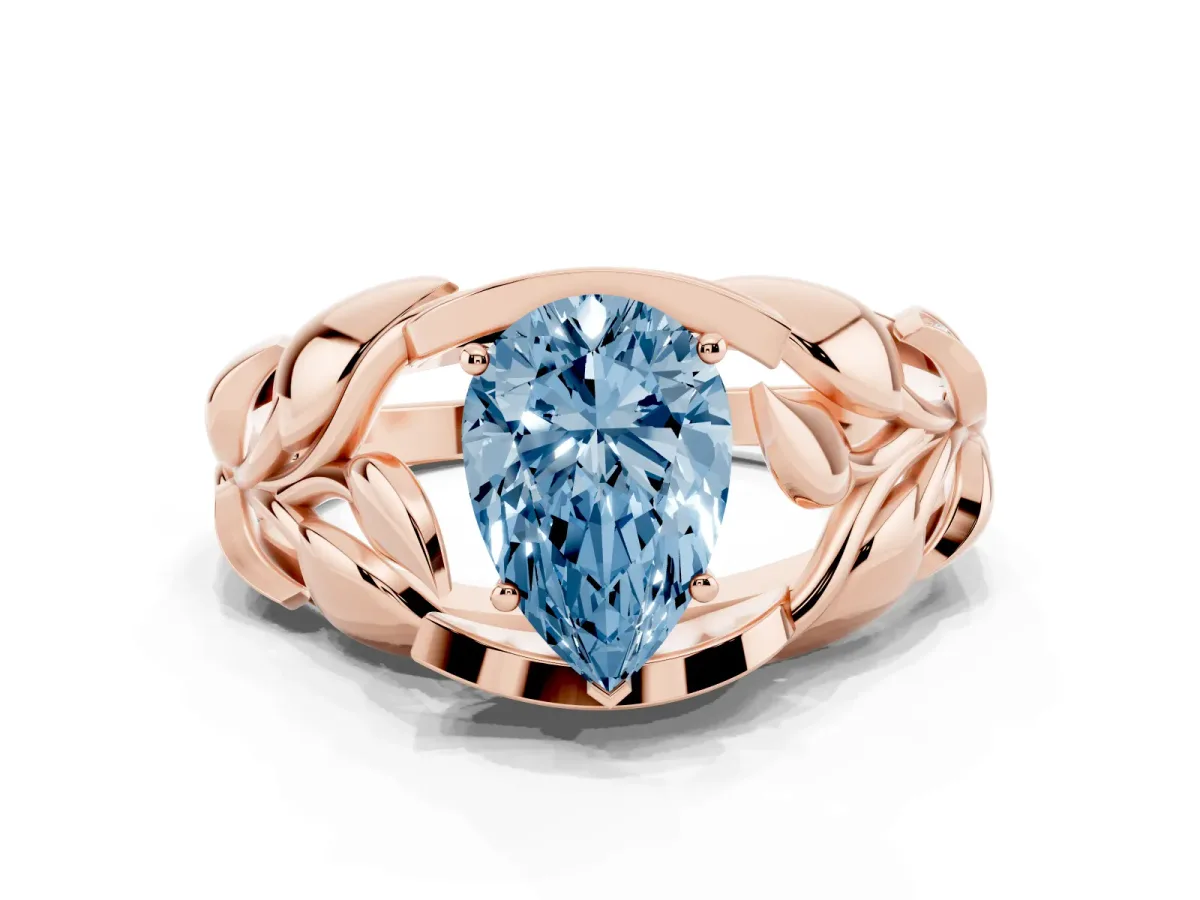 Fancy Blue Pear Cut Diamond Leaf-Inspired Engagement Ring with Round Accents and Prong Setting Rose gold