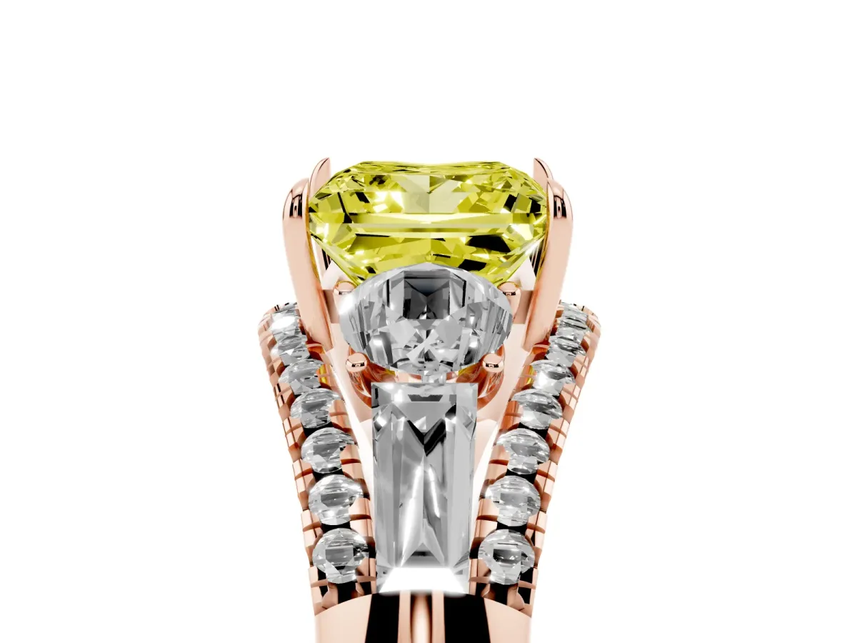 Fancy Yellow Three-Stone Princess Cut Diamond Engagement Ring with Pave Band and Prong Setting Rose gold