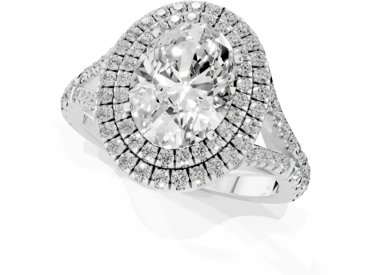 Oval Cut Diamond Pavé Split Shank Double Halo Engagement Ring Silver