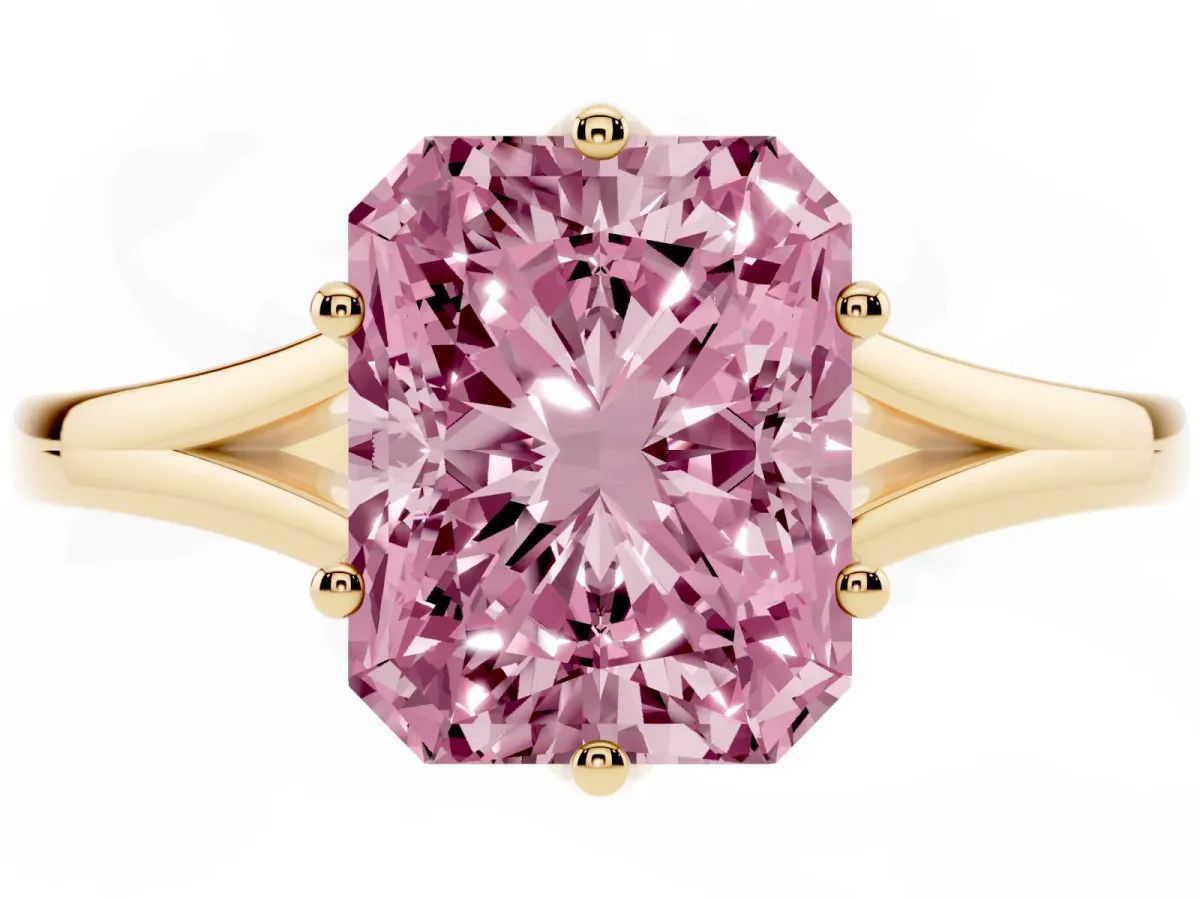 Fancy Pink Radiant Cut Solitaire Diamond Ring with Six-Prong Setting and Tapered Band Yellow gold