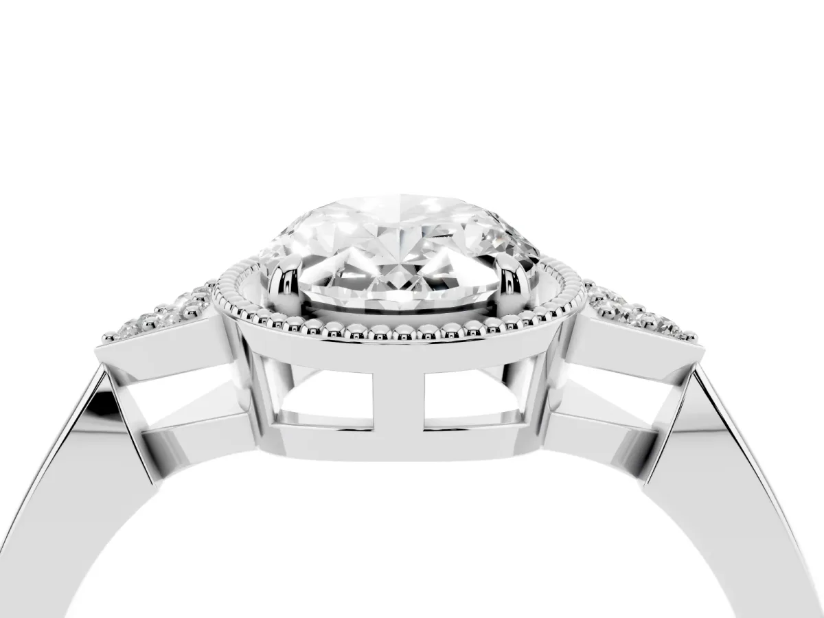 Hexagonal Halo Oval Cut Diamond Solitaire with Pavé Band and Four-Prong Setting Platinum