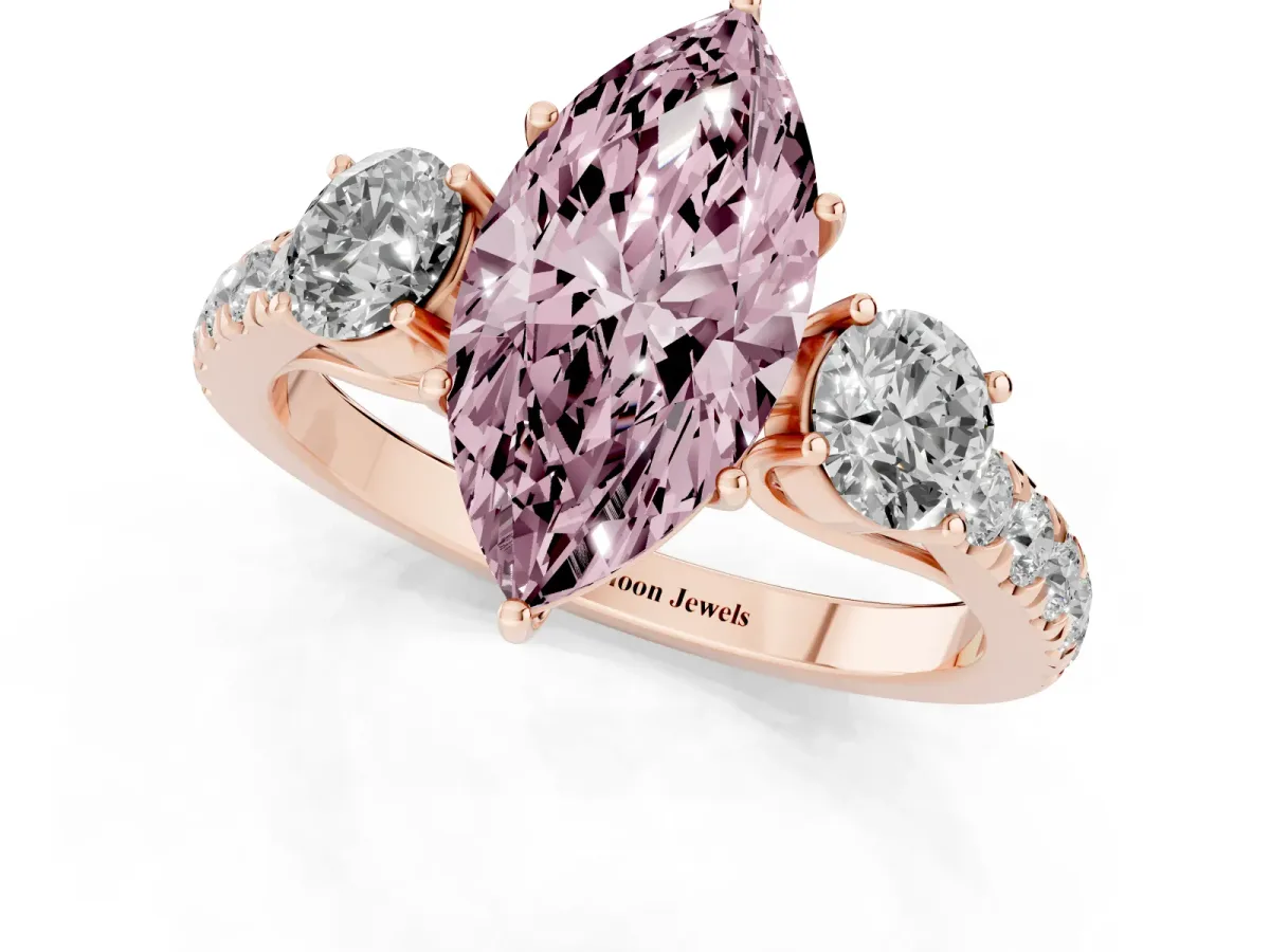 Fancy Pink Marquise Cut Cut Diamond Three-Stone Ring with Round Side Stones and Pavé Band Rose gold