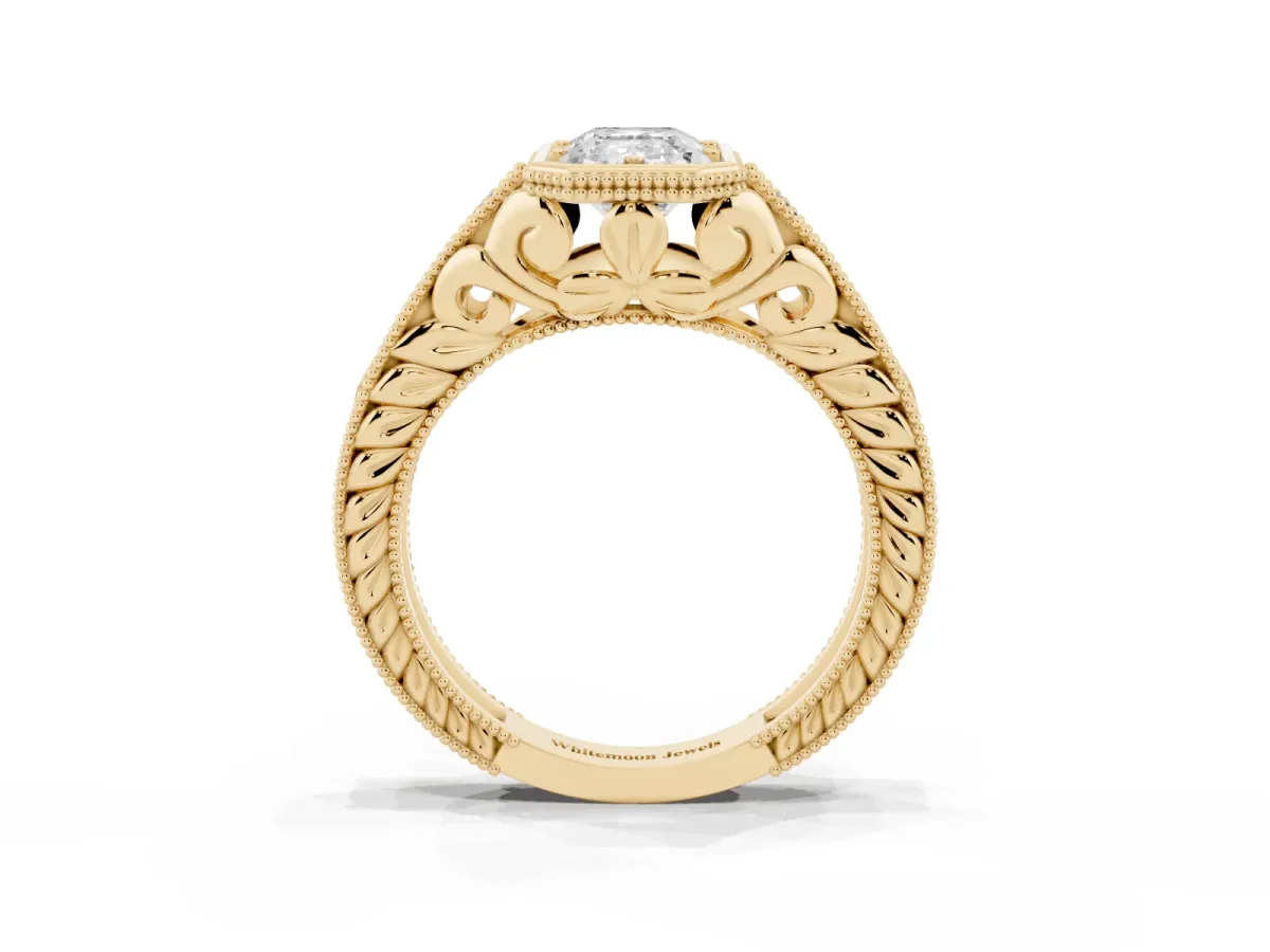 Bezel Set Emerald Cut Diamond Milgrain Pave Engagement Ring Yellow gold
