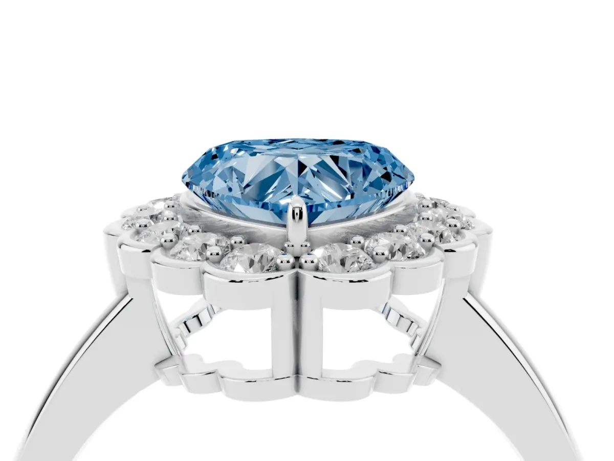 Fancy Blue Heart Cut Halo Cluster Diamond Engagement Ring with Solitaire Band and Prong Setting Platinum