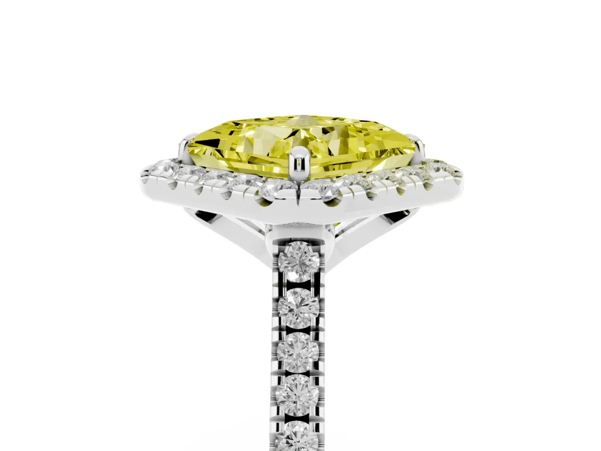 Fancy Yellow Princess Cut Diamond Cushion Halo Ring with Pavé Band White gold