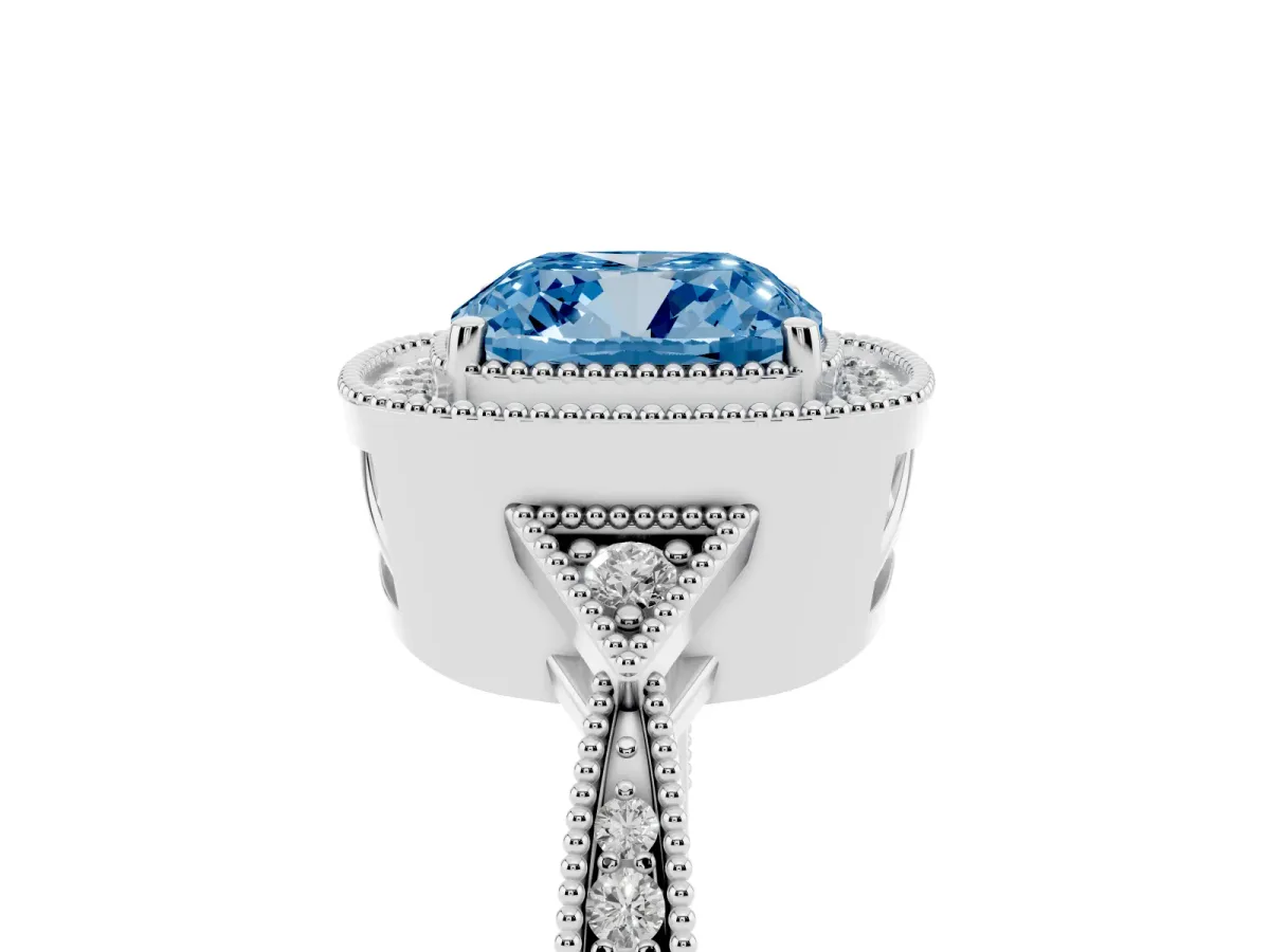 Fancy Blue Cushion Cut Halo Round Diamond Milgrain Pave Engagement Ring Platinum