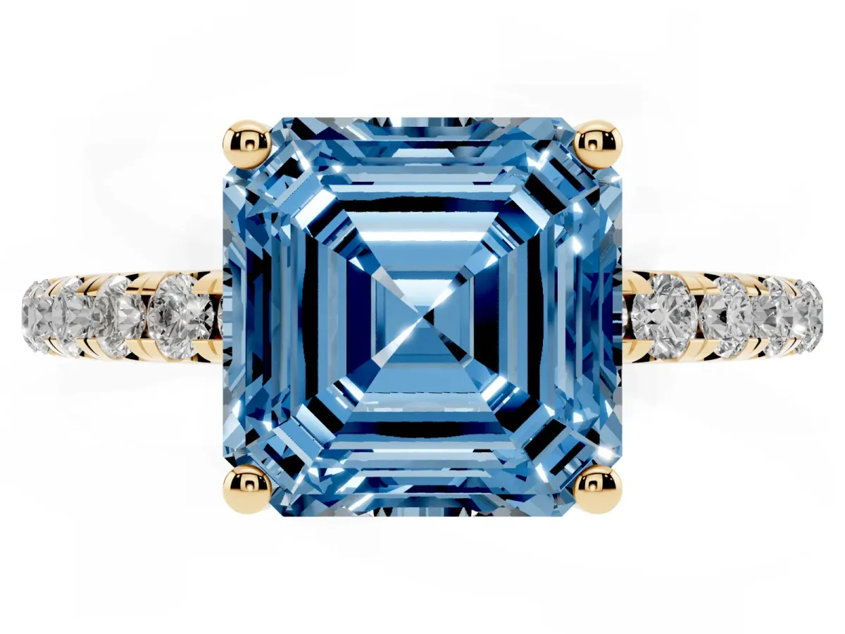Fancy Blue Asscher Cut Cut Diamond Solitaire Ring with Micro Pave Band and Four Prong Setting Yellow gold
