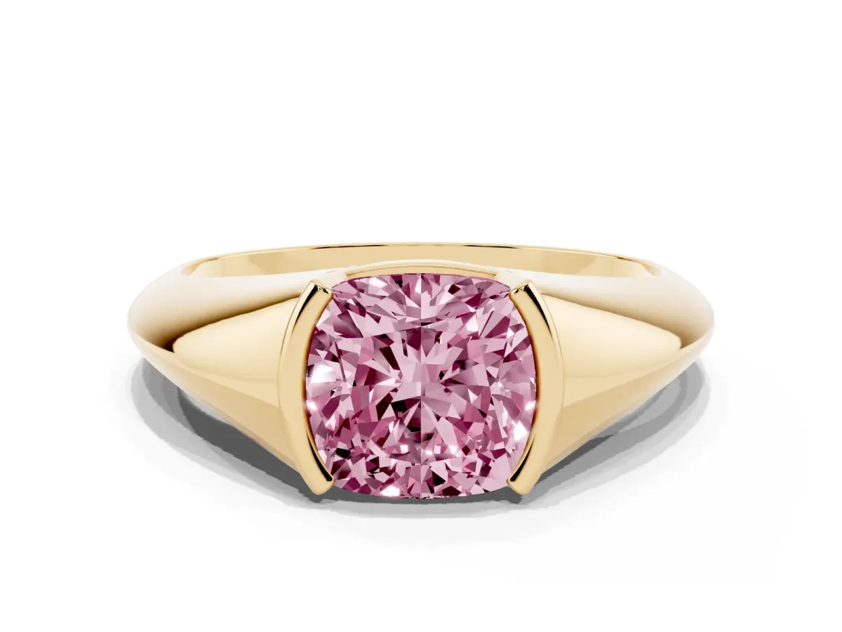 Fancy Pink Cushion Cut Solitaire Tension Set Diamond Ring Yellow gold